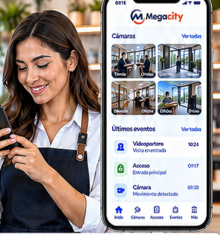 Una mujer revisa las cámaras de su negocio en el teléfono, con la app de Megacity en pantalla