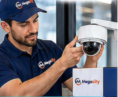 Un técnico de Megacity instala una cámara de seguridad