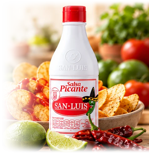 Botella de Salsa Picante San Luis con papitas, limones y chiles