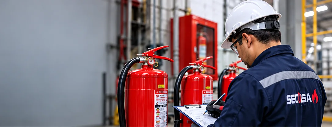 Técnico con casco revisando extintores rojos