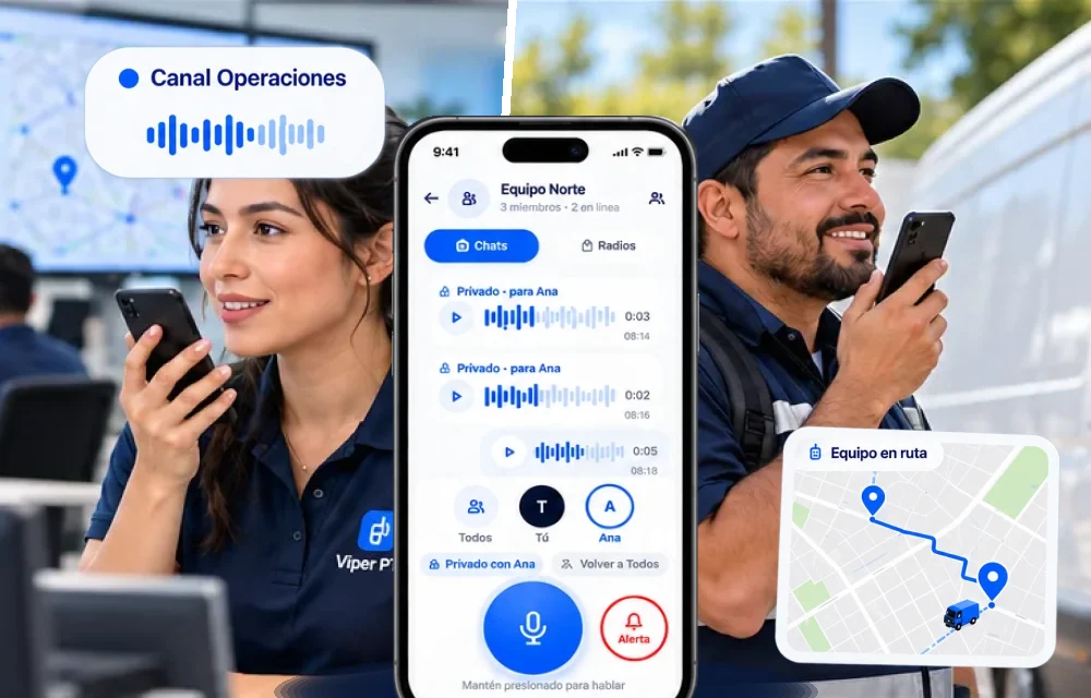 Dos personas hablando por Viper PTT: un canal de operaciones, el teléfono con la app y el mapa del equipo en ruta